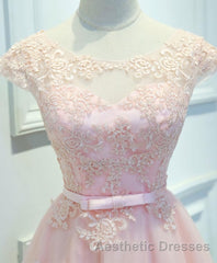 Pink Lace Tulle Short Evening Prom Dresses, Pink Evening Prom Dresses