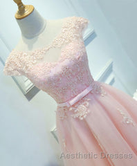 Pink Lace Tulle Short Evening Prom Dresses, Pink Evening Prom Dresses