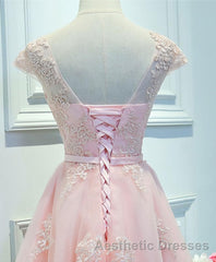 Pink Lace Tulle Short Evening Prom Dresses, Pink Evening Prom Dresses