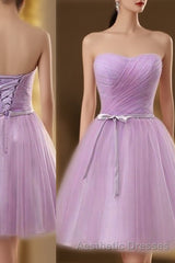 Lavender Homecoming Dresses, Sweetheart Short Evening Prom Party Dresses, Ruched With Sash Bridesmaid Dresses