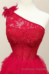 One Shoulder Lace and Tulle Tiered Ruffle Evening Prom Dresses