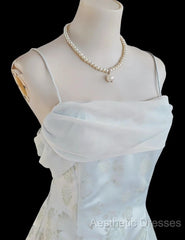 Gentle Blue A-Line Spaghetti Strap Satin Chiffon Long Evening Prom Dresses Birthday Dresses Graduation Evening Prom Dresses