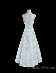 Gentle Blue A-Line Spaghetti Strap Satin Chiffon Long Evening Prom Dresses Birthday Dresses Graduation Evening Prom Dresses