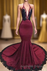 Burgundy Halter Deep V Neck Mermaid Evening Prom Dresses with Lace, Long Evening Prom Gown