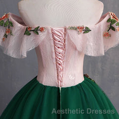 Green Off the Shoulder Floor Length Evening Prom Dresses with Appliques, Puffy Quinceanera Dresses