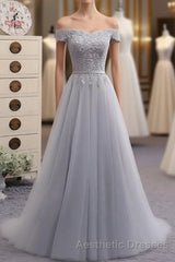 Gray A Line Lace Off Shoulder Evening Prom Dresses, Lace Evening Prom Dresses