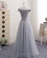 Gray A Line Lace Off Shoulder Evening Prom Dresses, Lace Evening Prom Dresses