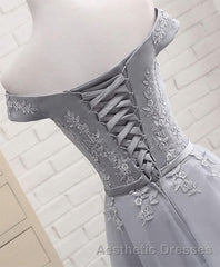 Gray A Line Lace Off Shoulder Evening Prom Dresses, Lace Evening Prom Dresses