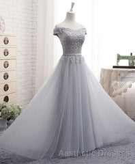 Gray A Line Lace Off Shoulder Evening Prom Dresses, Lace Evening Prom Dresses