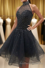 Glamorous A Line High Neck Beaded Tulle Short Black Evening Prom Dresses, Beaded Black Homecoming Dresses, Black Short Formal Graduation Evening Dresses