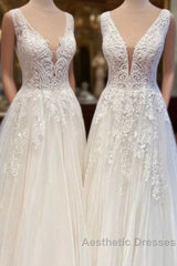 Glamorous Long A-Line Open Back Tulle Appliques Lace Wedding Dresses