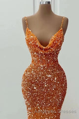 Glamorous Long Mermaid Spaghetti Straps Sequined Formal Evening Prom Dresses