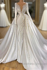 Glamorous Long Sleeve Pearls Wedding Dresses V-Neck With Detachable Train Online