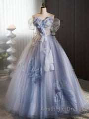 Glitter A-Line Off Shoulder Tulle Flower Quinceanera Dresses Blue Long Evening Prom Dresses Beautiful