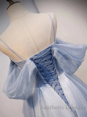 Glitter A-Line Princess Off Shoulder Tulle Gray Blue Long Evening Prom Dresses Sparkly Evening Dresses