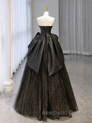 Glitter A-Line Sweetheart Neck Tulle Satin Ballgown Black Long Evening Prom Dresses Sparkly Evening Dresses