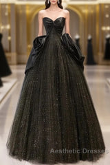 Glitter A-Line Sweetheart Neck Tulle Satin Ballgown Black Long Evening Prom Dresses Sparkly Evening Dresses