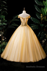 Gold Floor Length Tulle Beading Formal Dress, Lovely Off the Shoulder Evening Party Dress