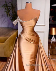 Gold Satin One Shoulder Overskirt  Evening Prom Dresses