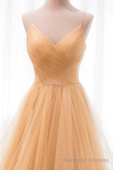 Gold V-Neck Tulle Long Prom Dress, A-Line Evening Dress