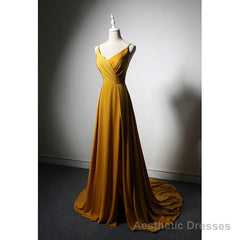 Goleden V-neckline Straps Long Party Dress with Leg Slit, Long Gold Evening Dress Prom Dress