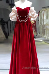 Gorgeous A Line Off The Shoulder Velvet Red Evening Prom Dresses