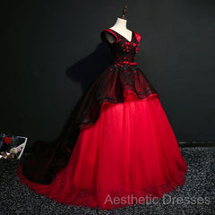 Gorgeous Black And Red Embroidery Quinceanera Dresses, Lace Applique Tulle Gowns