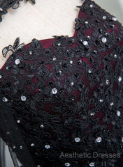 Gorgeous Black And Red Tulle Ball Gown Sweet 16 Dresses With Cape, Long Evening Prom Dresses