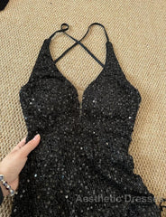 Gorgeous Black Sequin Mermaid Spaghetti Strap Vling Long Evening Prom Dresses Backless Formal Evening Dresses
