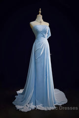 Gorgeous Blue A-Line Chiffon Pleated One Shoulder Slit Long Evening Gown Ball Gown Wedding Dresses