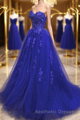 Gorgeous Blue Lace Floral Long Evening Prom Dresses, Blue Appliques Formal Evening Dresses, Blue Ball Gown