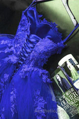 Gorgeous Blue Lace Floral Long Evening Prom Dresses, Blue Appliques Formal Evening Dresses, Blue Ball Gown