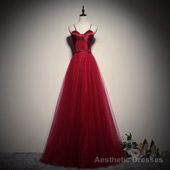 Gorgeous Dark Red Straps Tulle Long Party Dress, A-line Formal Dress
