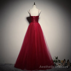 Gorgeous Dark Red Straps Tulle Long Party Dress, A-line Formal Dress