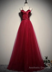 Gorgeous Dark Red Straps Tulle Long Party Dress, A-line Formal Dress
