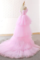 Gorgeous High Low Pink Tulle Long Evening Prom Dresses, Pink Tulle Formal Graduation Evening Dresses