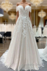 Gorgeous Long A-line Off-the-shoulder Tulle Lace Appliques Wedding Dresses