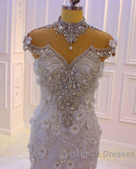 Gorgeous Long Mermaid High Neck Appliques Lace Crystal Tulle Wedding Dresses