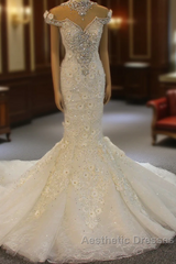 Gorgeous Long Mermaid High Neck Appliques Lace Crystal Tulle Wedding Dresses