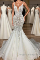 Gorgeous Long Mermaid Sweetheart Beaded Lace Organza Wedding Dresses