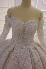 Gorgeous Long Sleeve Off the Shoulder Appliques Lace Ball Gown Wedding Dresses
