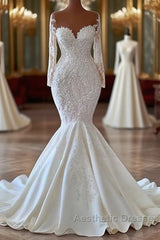 Gorgeous Long Sleeves White Mermaid Bridal Dresses Sweetheart Graden Wedding Dresses