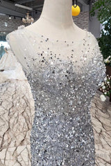 Gorgeous Mermaid Backless Silver Grey Sequins Evening Prom Dresses, Mermaid Silver Grey Formal Dresses, Shiny Silver Grey Evening Dresses