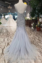 Gorgeous Mermaid Backless Silver Grey Sequins Evening Prom Dresses, Mermaid Silver Grey Formal Dresses, Shiny Silver Grey Evening Dresses