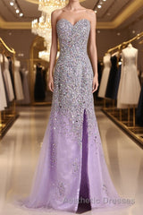 Gorgeous Mermaid Strapless Purple Beaded Long Evening Prom Dresses, Mermaid Purple Beaded Formal Evening Dresses, Purple Ball Gown