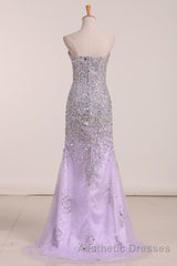 Gorgeous Mermaid Strapless Purple Beaded Long Evening Prom Dresses, Mermaid Purple Beaded Formal Evening Dresses, Purple Ball Gown