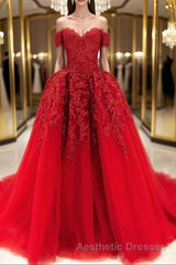 Gorgeous Off Shoulder Red Lace Long Evening Prom Dresses, Red Lace Formal Evening Dresses, Red Ball Gown