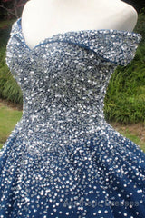 Gorgeous Off Shoulder Sequins Blue Long Evening Prom Dresses, Shiny Sequins Blue Formal Evening Dresses, Blue Ball Gown