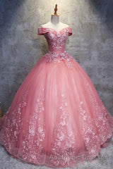 Gorgeous Off the Shoulder Pink Lace Appliques Long Evening Prom Dresses, Off Shoulder Pink Formal Dresses, Pink Evening Dresses, Ball Gown