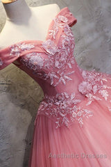 Gorgeous Off the Shoulder Pink Lace Appliques Long Evening Prom Dresses, Off Shoulder Pink Formal Dresses, Pink Evening Dresses, Ball Gown